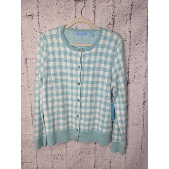 Draper James Sweaters - Draper James RSVP Turquoise Gingham Button up Cardigan Sz L Large NWT